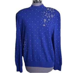 Vtg St John Evening Santana Knit Sweater Rhinestone Stars Large Blue USA